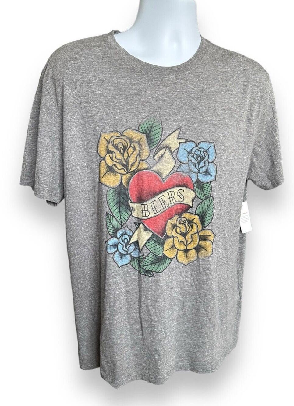 Lucky Brand Men's Beer Rose Tattoo Short Sleeve Graphic T-shirt Unisex Large